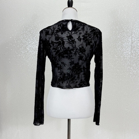 Black Sheer Mesh Floral Crop Top XL Long Sleeve Flocked Burnout Y2K Goth Grunge - Picture 7 of 12